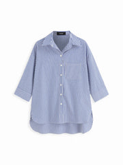 Cotton-blend Collar Stripe Middle Sleeve Shirt