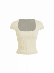 Cable Knit Square Neck Short Sleeve Lace Trim Top