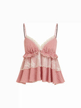 Gingham Sweetheart Lace Panel Ruffle Cami Top