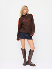 Knit High Neck Horse Embroidery Stitch Oversized Sweater