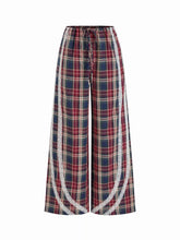 Cotton-blend High Rise Plaid Side Striped Lace Wide Leg Trousers