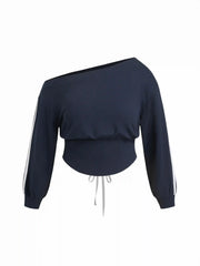 Terry Asymmetrical Neck Side Stripe Lace Up Corset Sweatshirt Curve & Plus
