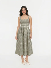 Cotton-blend Square Neck Gingham A-line Maxi Dress