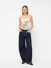 Jacquard Deer Graphic Scoop Neck Lace Trim Bowknot Cami Top