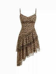 Chiffon Leopard Print V-neck Lace Trim Cami Midi Dress