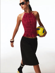 Chiffon Halter Neckline Knotted Ruched Backless Top