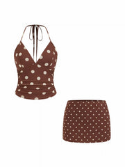 Polka Dot Halter Neckline Ruched Top & Mid Rise Mini Bodycon Skirt Set