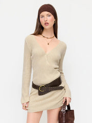 Knit V-neck Wrap A-line Mini Dress With Belt
