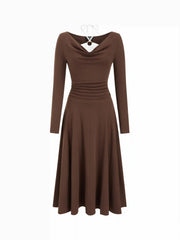 Cotton-blend Cowl Neck Colorblock Ruched Flared Maxi Dress