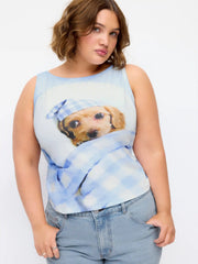 Cotton-blend Dog Graphic Checks Tank Top Curve & Plus