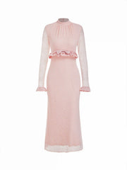 Lace Stand Collar Long Sleeve Ruffle Mermaid Maxi Dress