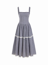 Cotton-blend Gingham Square Neck Ruched Lace Trim Flared Maxi Dress