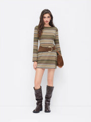 Jersey Boat Neck Striped Bell Sleeve Flared Mini Dress