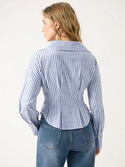 Cotton-blend Stripe Long Sleeve Pleated Blouse