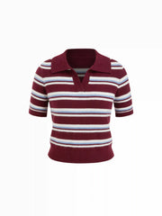 Knit Collar Striped Colorblock Middle Sleeve Top