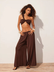 Asymmetrical Neck Ruched Top & High Rise Wide Leg Trousers Set