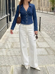 Stretch Denim Collar Ruched Metal Button Blouse