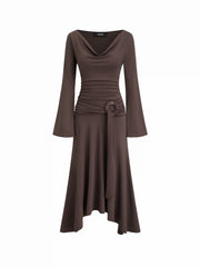 Cowl Neck Bell Sleeve O-Ring Ruched Ruffle Hem Midi Dress