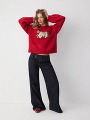 Knit Horse Jacquard Long Sleeve Bowknot Oversized Sweater