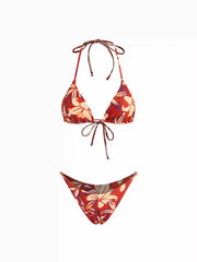 Halter Neckline Floral Ruched Knotted Tie Side Triangle Bikini Set