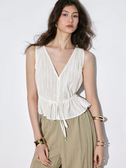 100% Cotton V-neck Drawstring Peplum Blouse