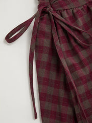 Cotton Mid Rise Plaid Bowknot Ruched Midi Skirt