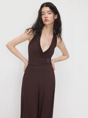 Halter Neckline Belted Ruched Jumpsuit