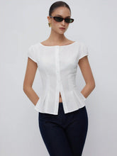 Cotton-blend Textured Boat Neck Puff Sleeve Button Through Peplum Blouse