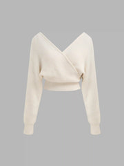 Knit V-neck Solid Wrap Crop Long Sleeve Top
