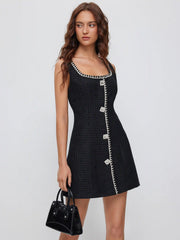 Tweed U-neckline Rhinestone Button A-line Mini Dress