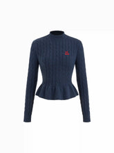 Cable Knit Stand Collar Cherry Embroidery Peplum Sweater