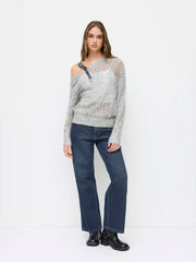 Knit Asymmetrical Neck Buckle Long Sleeve Oversized Top