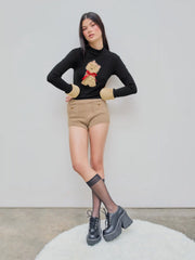 Middle Waist Solid Button Knitted Shorts