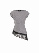 Cotton-blend Checks Lace Panel Asymmetrical Hem Short Sleeve Blouse