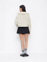 Fleece Peter Pan Collar Bowknot Embroidery Tie Front Oversized Jacket