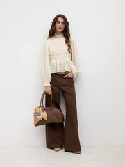 High Neck Shirred Lettuce Trim Long Sleeve Blouse