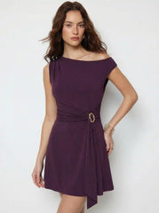Asymmetrical Neck Draped Metal Detail A-line Mini Dress