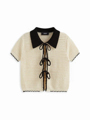 Knit Crochet Polo Collar Tie Front Bow Contrasting Binding Hollow Out Cardigan