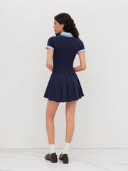 Cotton Collar Stripe Pleated Two Tone Mini Dress