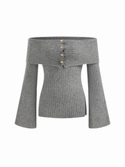 Knit Wool-blend Off-shoulder Bell Sleeve Metal Button Top