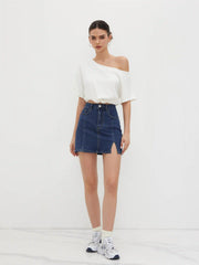 Denim Solid High Waist Split Mini Skirt