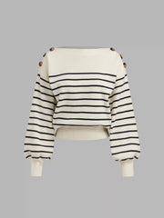 Knit Boat Neck Striped Button Long Sleeve Top