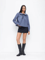 Cotton-blend Gingham Peter Pan Collar Puff Sleeve Lace Panel Blouse