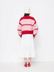 Knit Crochet V-neck Two Tone Oversized Cardigan
