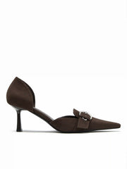 POINTED-TOE FAUX SUEDE BUCKLE HEELS