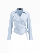 Cotton-blend Collar V-neck Long Sleeve Wrap Tie Side Shirt