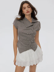 Gingham Puff Sleeve Ruched Asymmetrical Hem Top