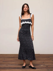 Ditsy Floral Lace Panel Ruffled Sleeve Mermaid Maxi Dress