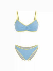 Terry V-neck Ruched Contrast Binding Bracelet Bikini Set