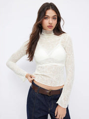 Lace High Neck Long Sleeve Lettuce Trim See-through Top